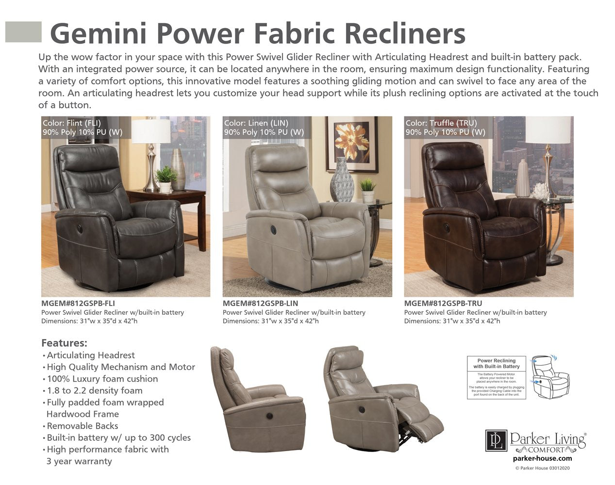 Gemini Power Swivel/Glider Recliner in Colors by Parker House